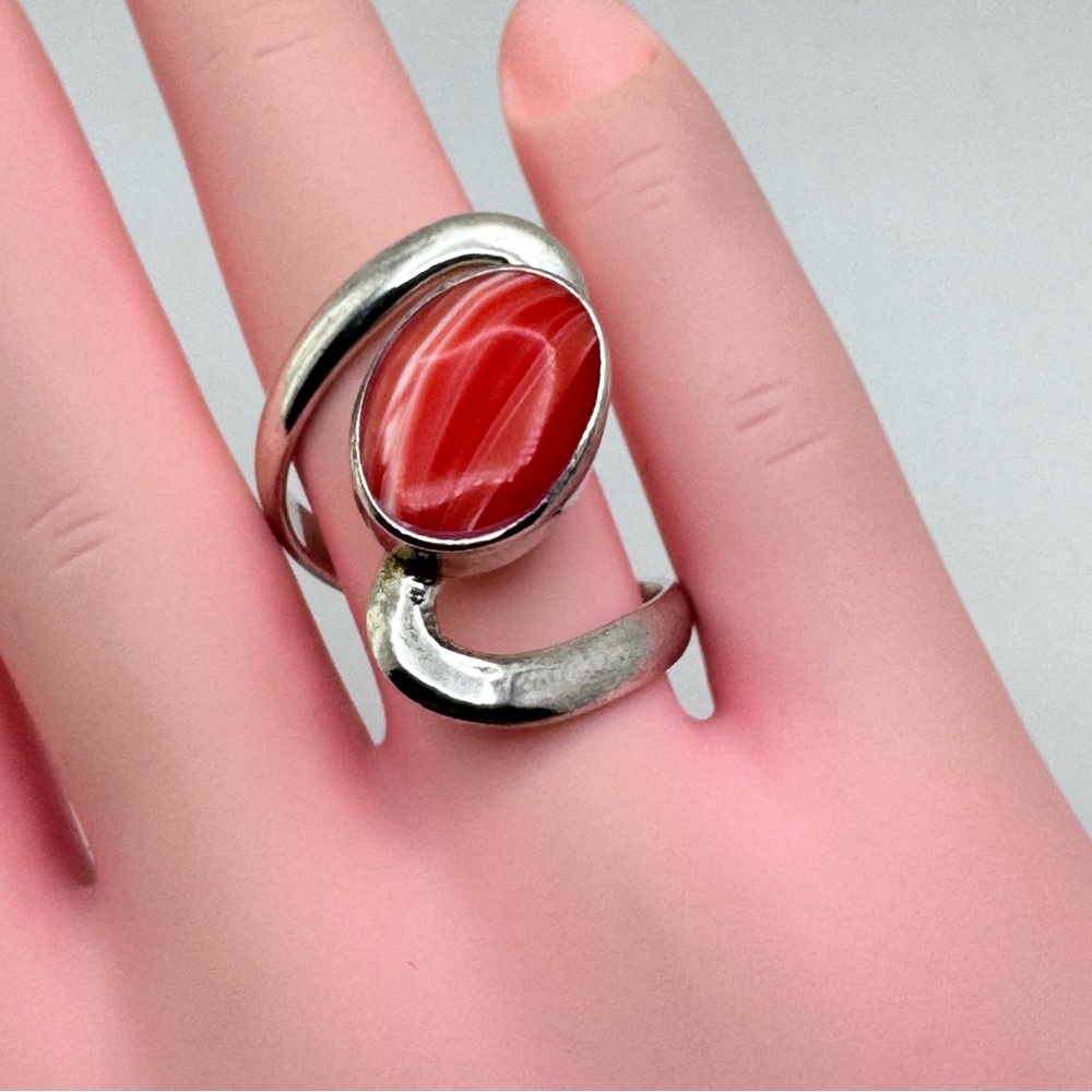 Vintage Mexico Silver Red Faux Carnelian Agate Swirl Ring Statement Sz 9 - Picture 3 of 8